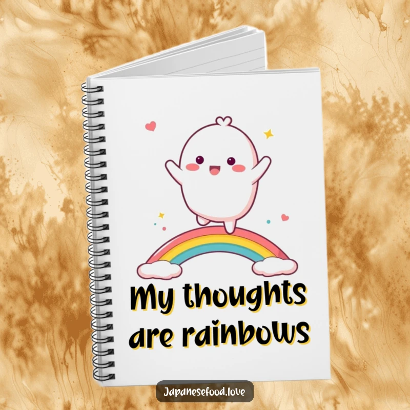 Funny mochi character dancing across a vibrant rainbow, a whimsical and humorous notebook for ideas.