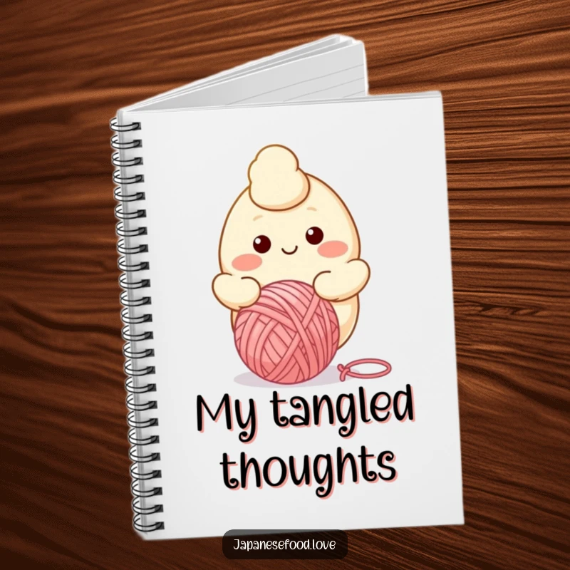 Funny notebook cover with a smiling dumpling character bouncing a ball of yarn, ready to capture notes and ideas.