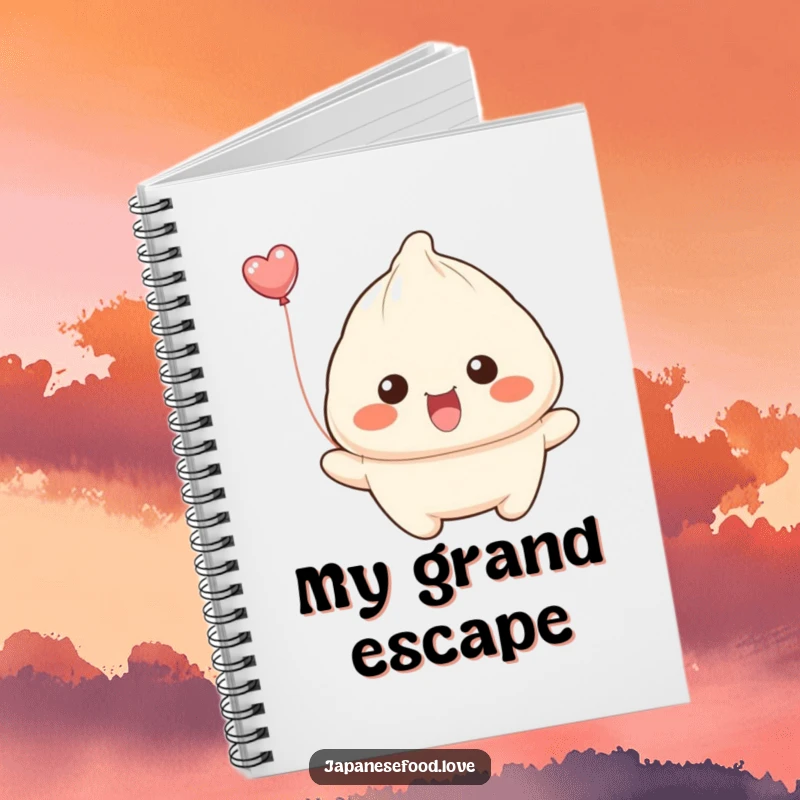 Funny dumpling with wide smile attempting to float away like a balloon on a notebook, ideal for jotting joyful ideas.