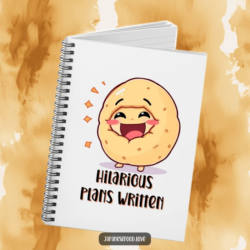 Funny notebook cover showing a giant fortune cookie character bursting with infectious laughter, perfect for jotting down creative ideas and positive thoughts.