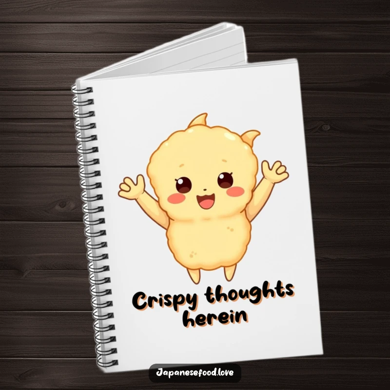 Funny notebook with a happy tempura piece with little arms waving enthusiastically, a humorous and cheerful food character, perfect for note-taking and as a funny gift.
