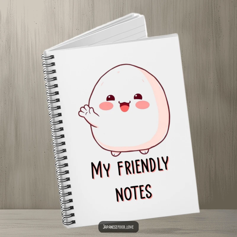 Funny onigiri notebook with a plump rice ball with rosy cheeks, offering a friendly wave, for creative notes.