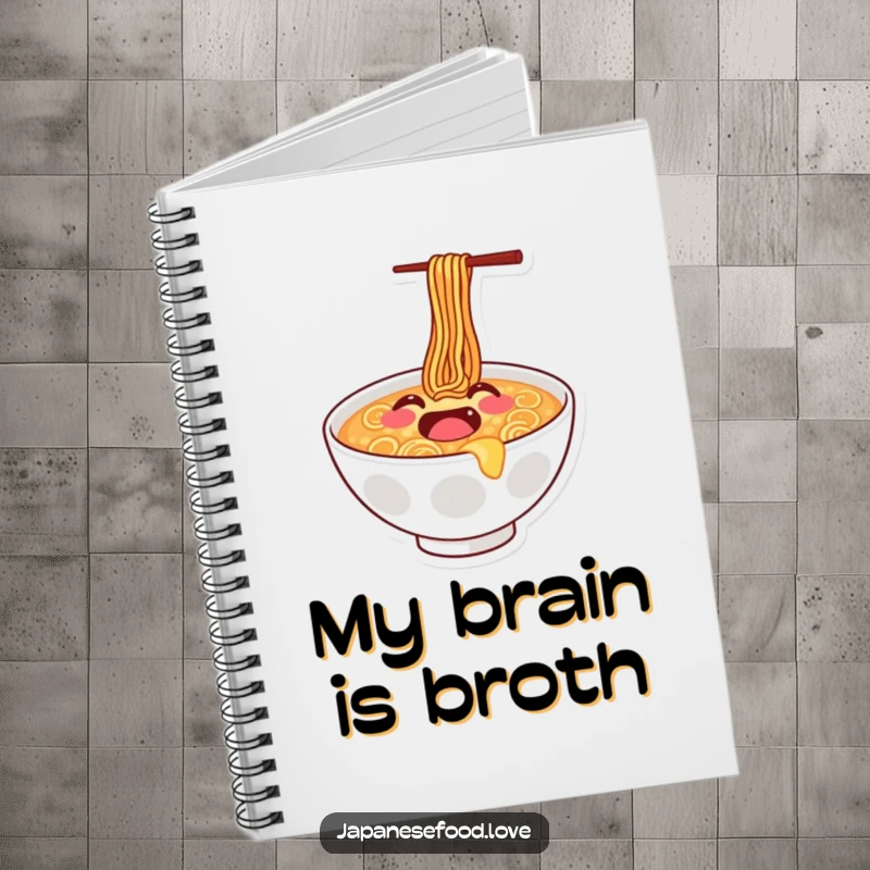 Funny notebook featuring a joyful ramen bowl with a smiley face doing a happy bounce, ideal for notes and sketches.