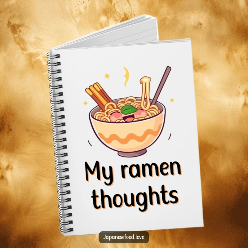 Funny ramen notebook featuring a bouncing bowl of noodles filled with glee, ideal for jotting down comforting thoughts and ideas.