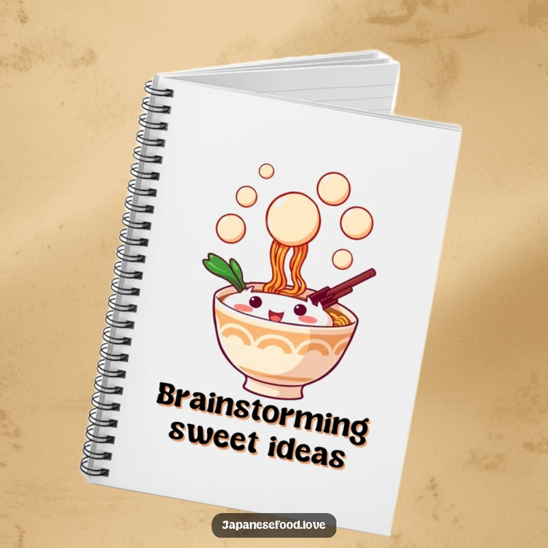 Funny notebook showcasing a playful ramen bowl character catching dango balls, great for writing or drawing.