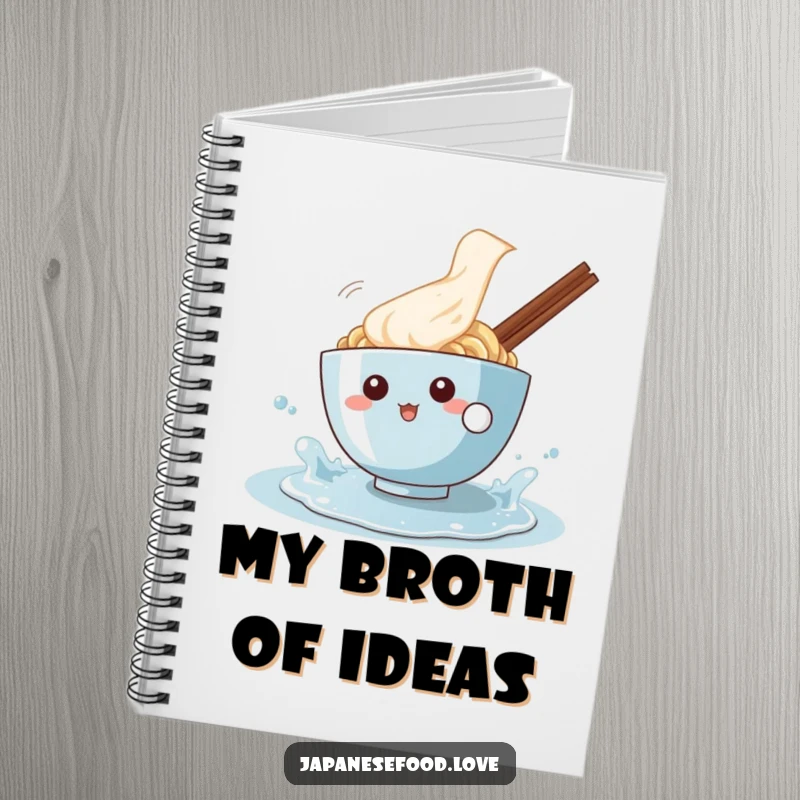 Funny notebook cover featuring a happy ramen bowl character playfully splashing in a puddle, designed for jotting down notes with a smile.