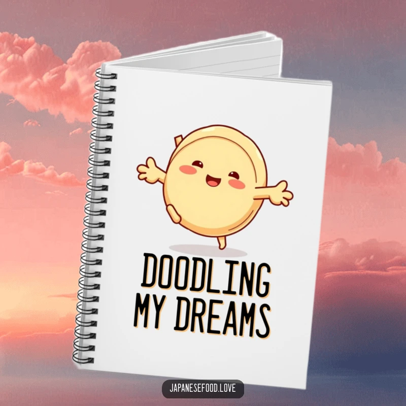 Funny notebook with a grinning steamed bun character doing a cartwheel, ideal for jotting down hilarious ideas and notes.