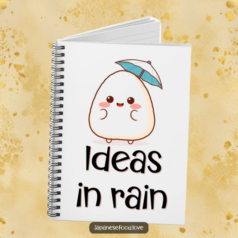 Funny surprised onigiri notebook, featuring a blushing rice ball with a tiny umbrella, perfect for journaling with cute humor, an excellent funny gift.