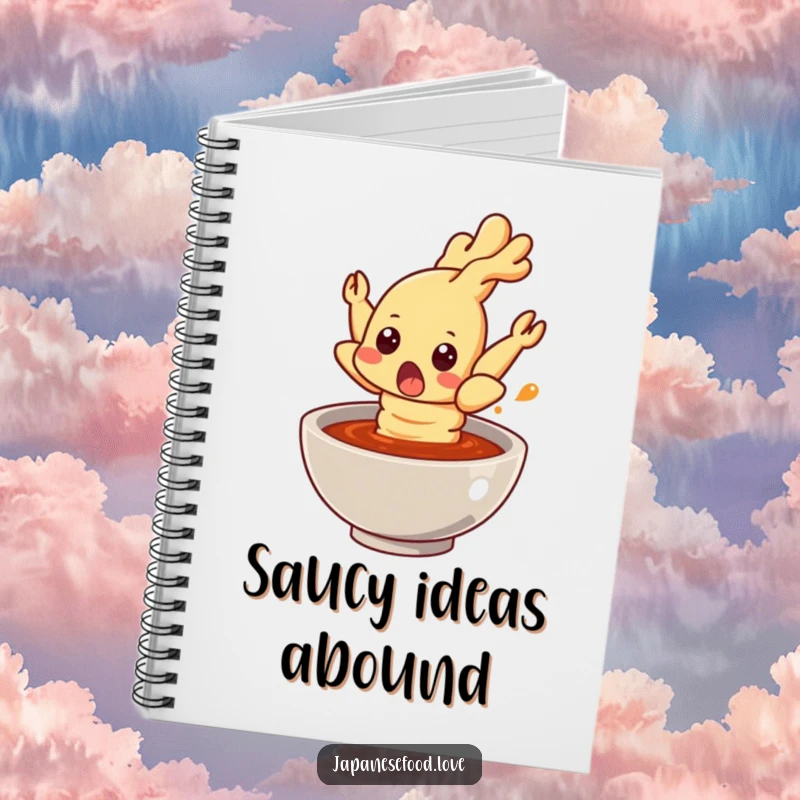Funny tempura shrimp notebook, a surprised shrimp mid-jump from sauce, humorous stationery for jotting down ideas and thoughts.
