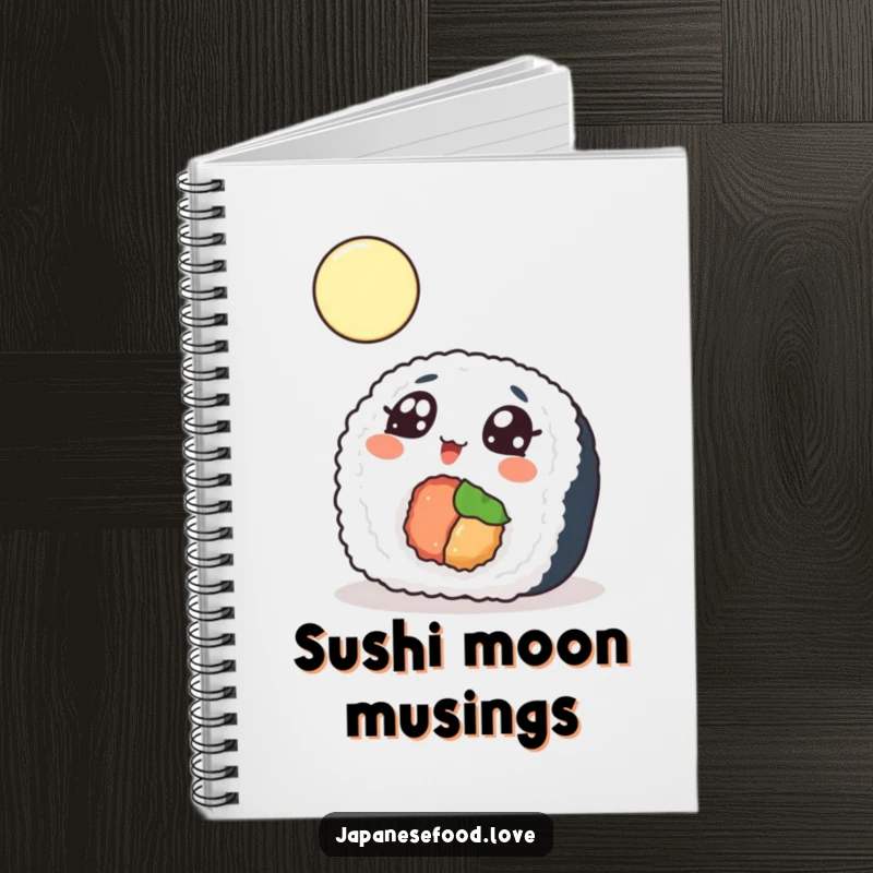 Funny Notebook with a sushi roll looking up at the moon, ideal for jotting down notes with wonder.