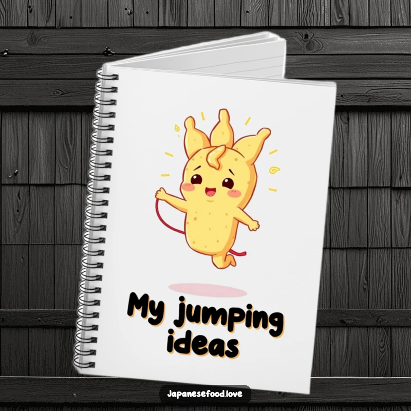 Funny notebook with a beaming tempura piece energetically jumping rope with its strand, perfect for notes and active ideas.