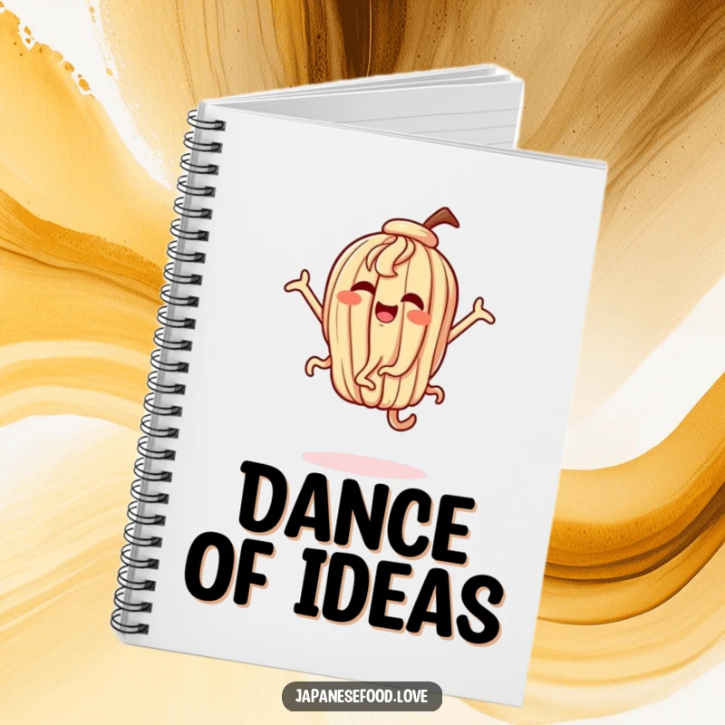 Funny notebook with a dancing udon noodle character in exaggerated, joyful poses, great for notes and ideas.