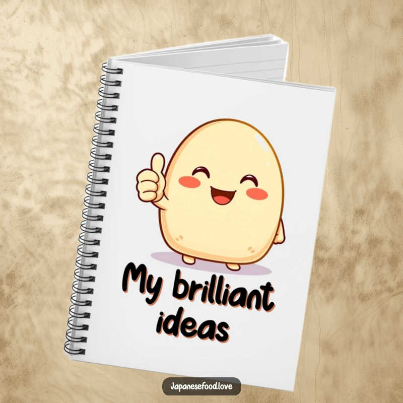 Funny onigiri notebook featuring a joyous rice ball character giving a cheerful thumbs up, ideal for jotting down positive thoughts.