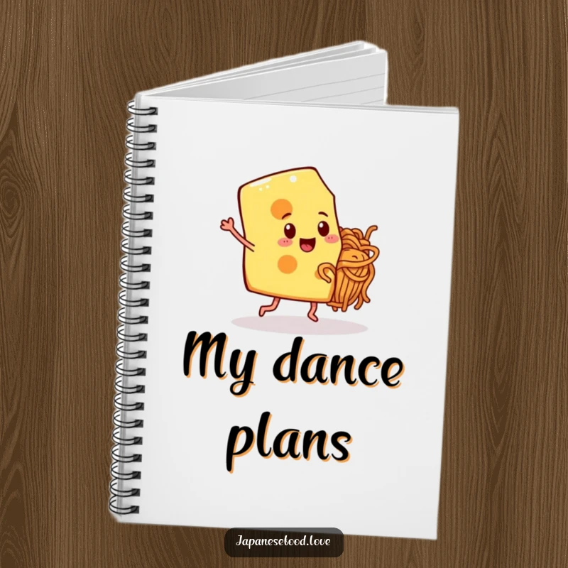 Notebook cover featuring a happy cheese slice dancing with a noodle friend, encouraging creative expression.