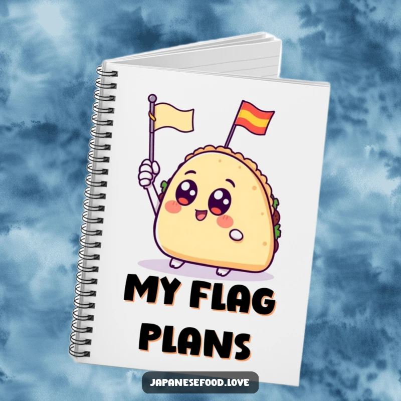 Notebook cover featuring a taco with big, round eyes waving a tiny flag, ideal for note-taking.