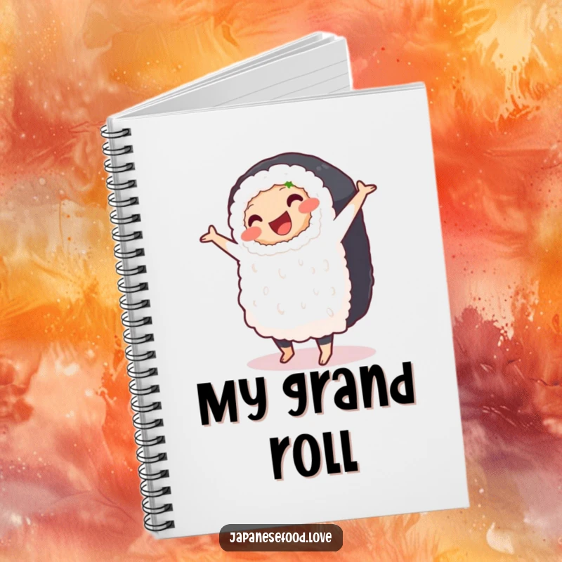 Funny notebook cover with a plump, smiling sushi roll doing a clumsy pirouette, encouraging humorous note-taking.