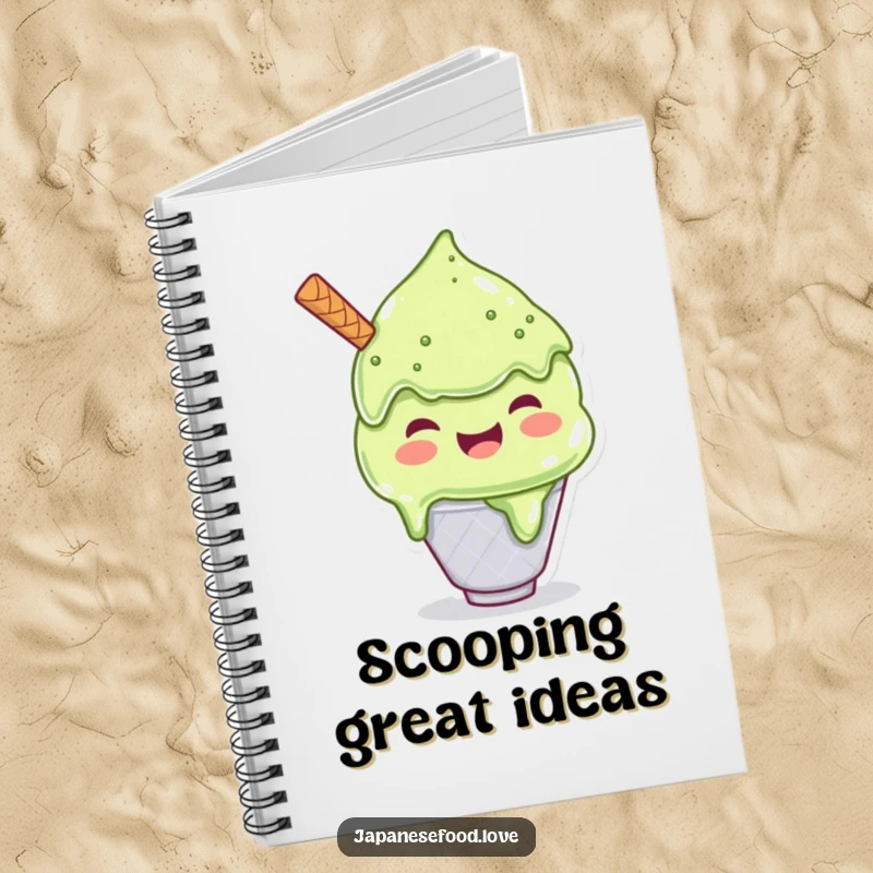 Funny notebook with a joyful matcha ice cream character scooping a large serving, ideal for journaling and note-taking.
