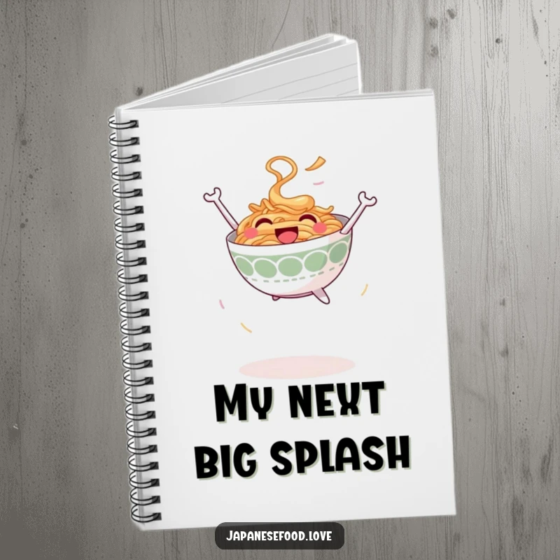 Funny Jumping Ramen Bowl Notebook: Smiling ramen bowl leaping joyfully into the air, journal, noodle humor, funny gift.