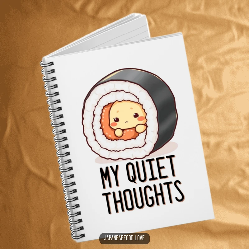 Funny notebook with a shy tempura character peeking behind a sushi roll, perfect for journaling or notes.