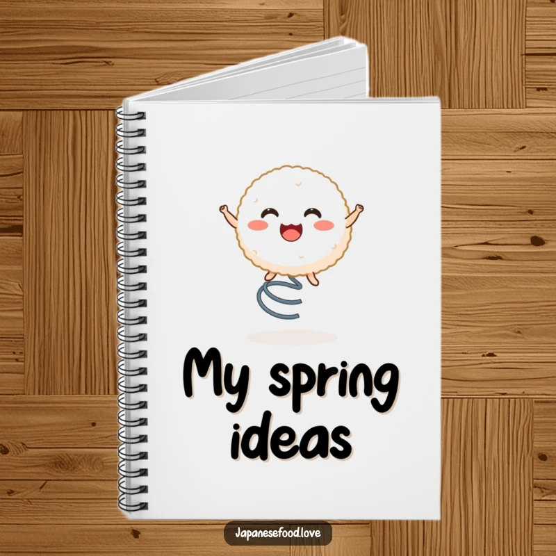 Funny notebook with a beaming rice ball character joyfully bouncing on a spring, ideal for notes and creative ideas.