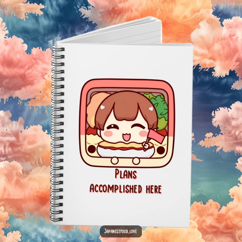 Funny notebook with a happy bento box character winking and holding a flag, great for notes and planning.