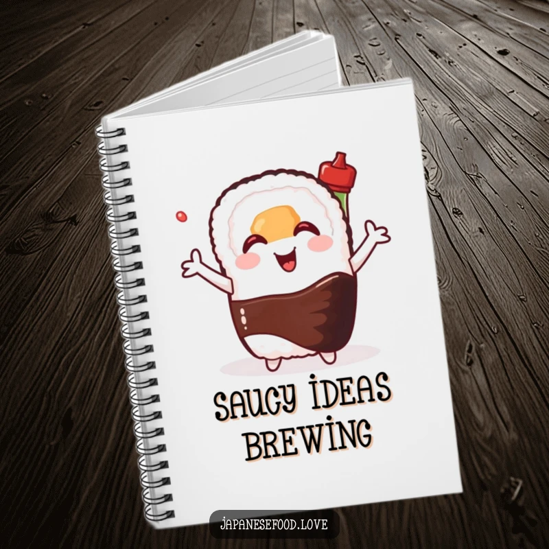 Funny notebook cover featuring a happy sushi roll hugging a smiling soy sauce bottle, designed to inspire culinary thoughts and humor.