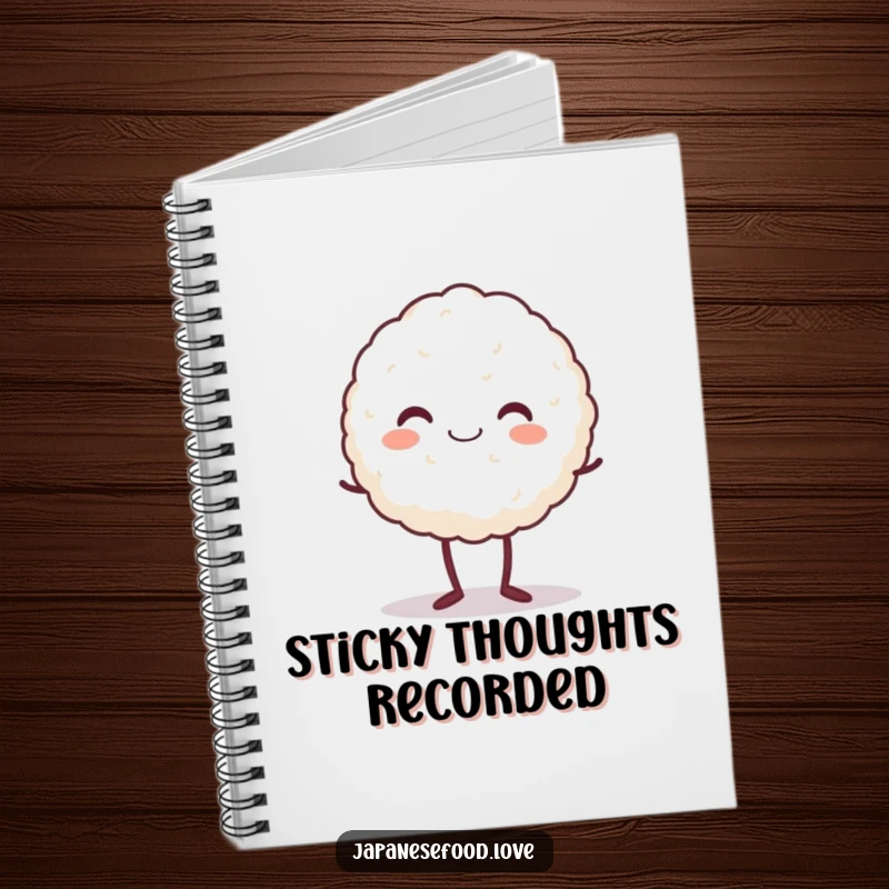 Funny notebook cover with a beaming rice ball character standing on tiptoe, perfect for writing down happy thoughts and notes.