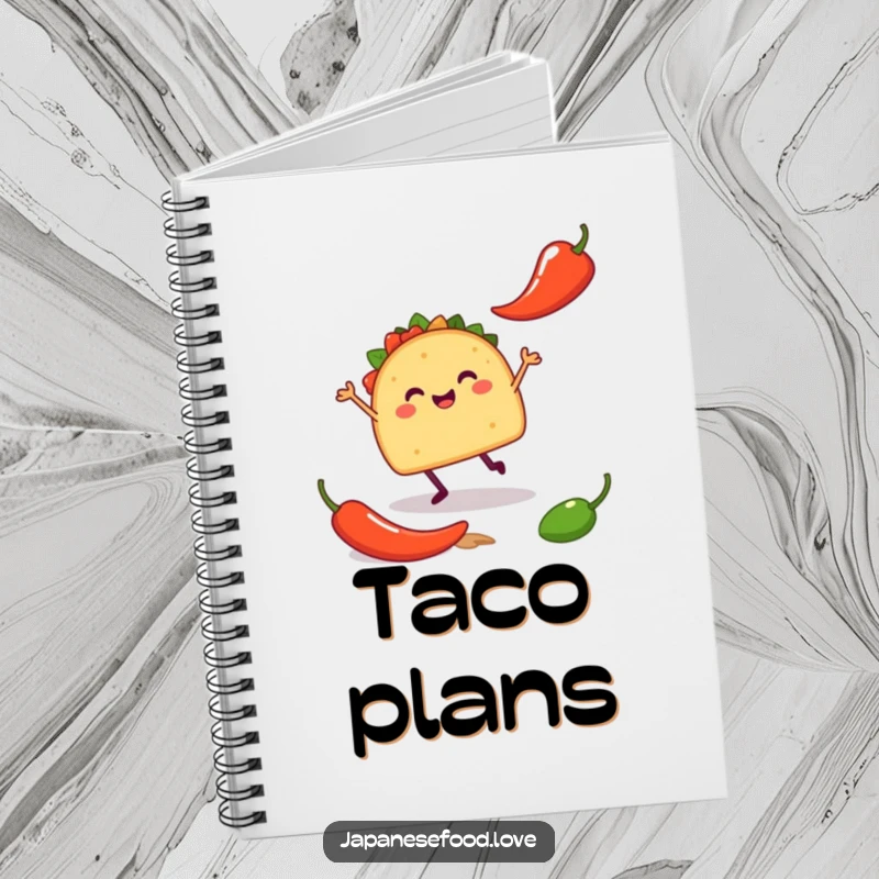 Funny notebook cover with a happy taco on tiny legs doing a silly jig near a chili pepper, encouraging humorous note-taking.