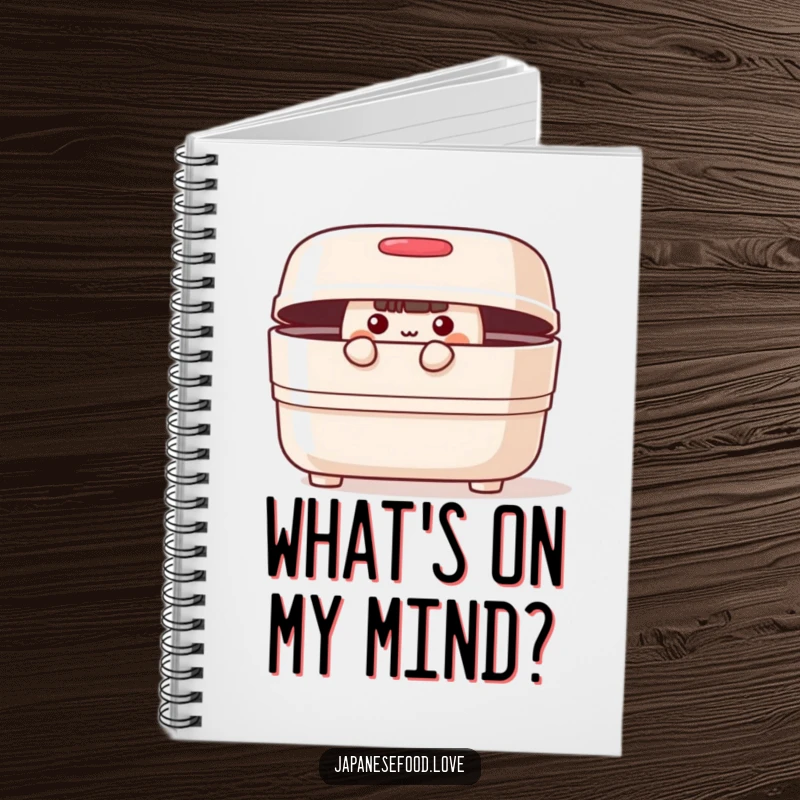 Funny cheerful bento box with lid slightly ajar, peeking curiously on a notebook, ideal for jotting creative ideas.