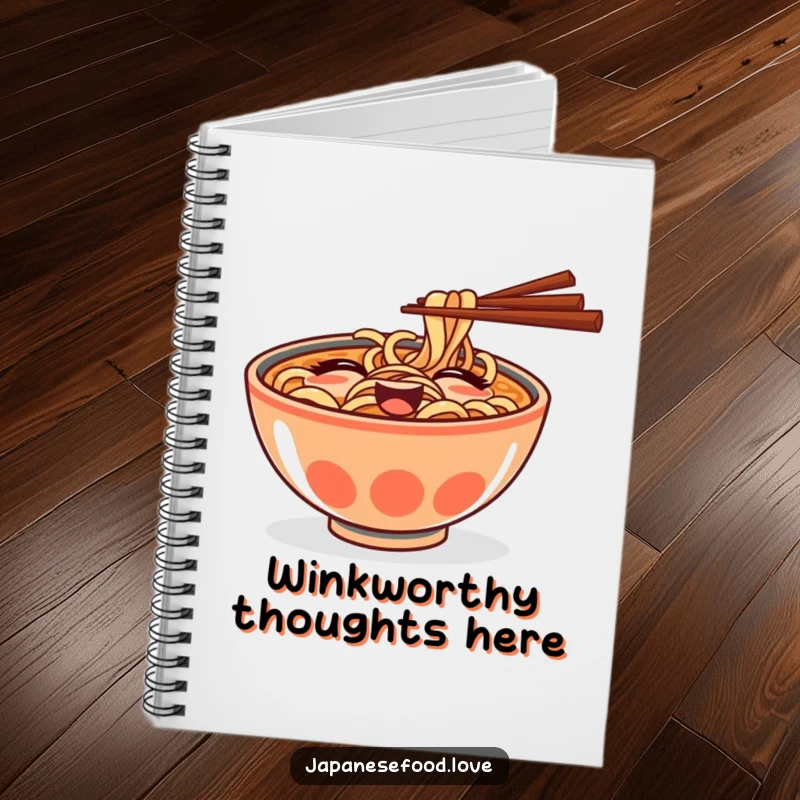 Funny notebook with a goofy ramen bowl and chopsticks winking playfully, perfect for jotting down savory thoughts.