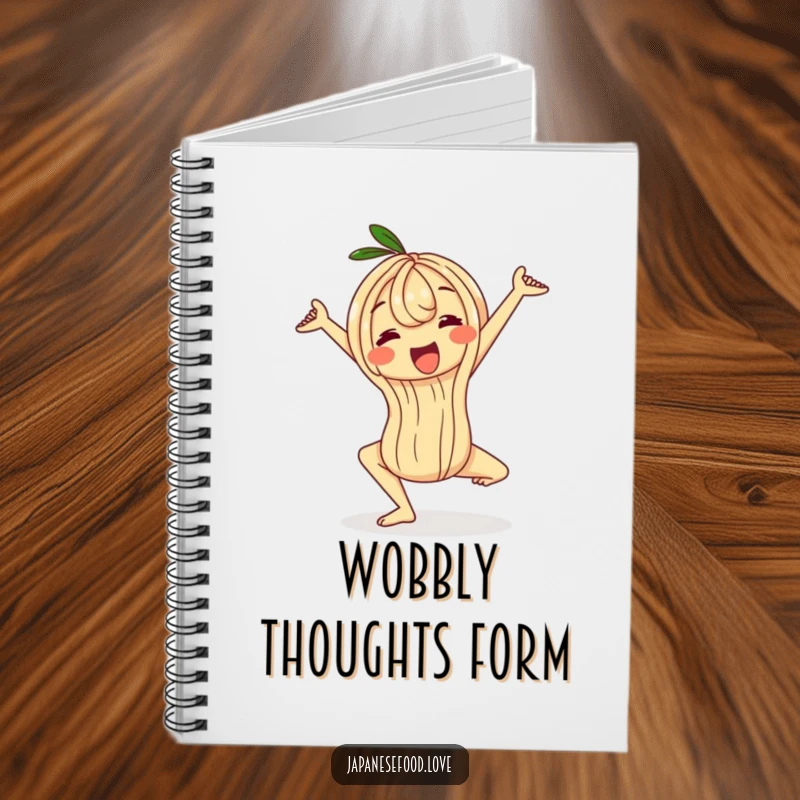 Funny wobbly ramen noodle notebook, a character in a flexible yoga pose, humorous stationery for jotting down mindful thoughts and ideas.