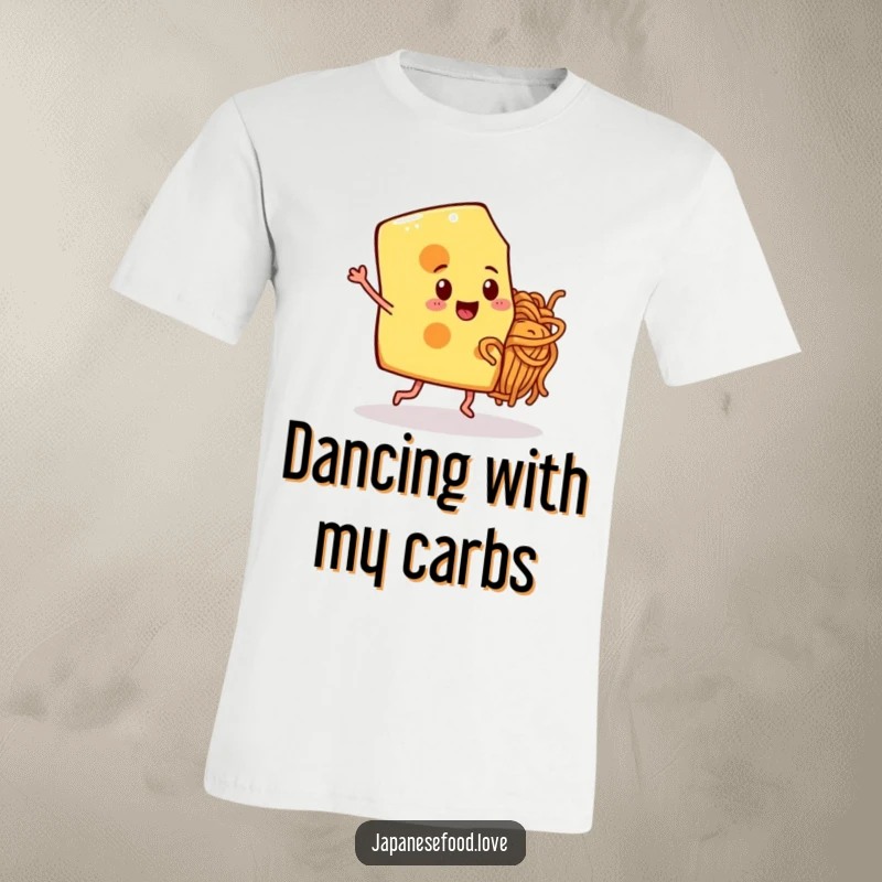 A happy slice of cheese with legs dancing alongside a spaghetti noodle friend on a comfortable t-shirt.