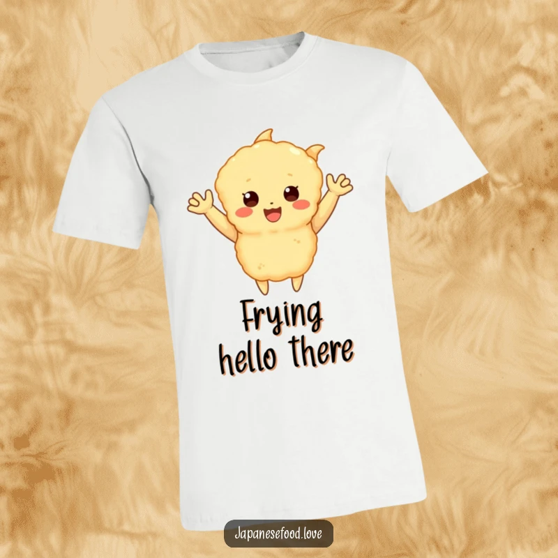 Funny t-shirt with a happy tempura piece with little arms waving enthusiastically, a cheerful and humorous food character, great for a funny gift.