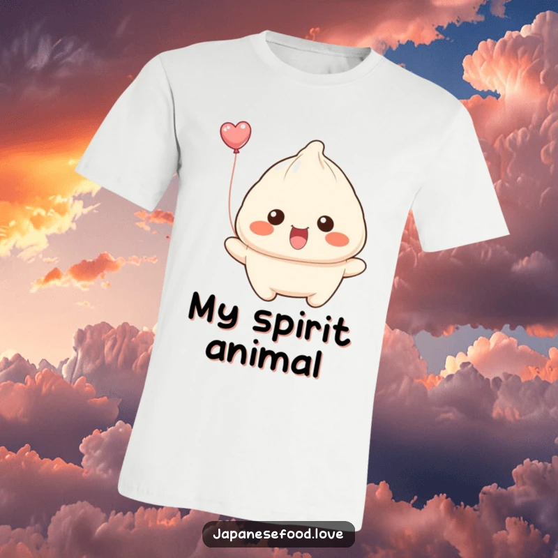 Funny dumpling with wide smile attempting to float away like a balloon on a t-shirt, a whimsical and humorous design.