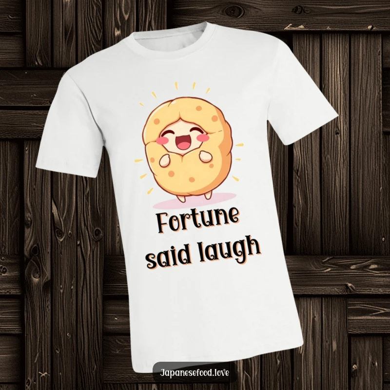 Funny T-Shirt featuring a giant fortune cookie character laughing heartily, perfect for spreading cheer.