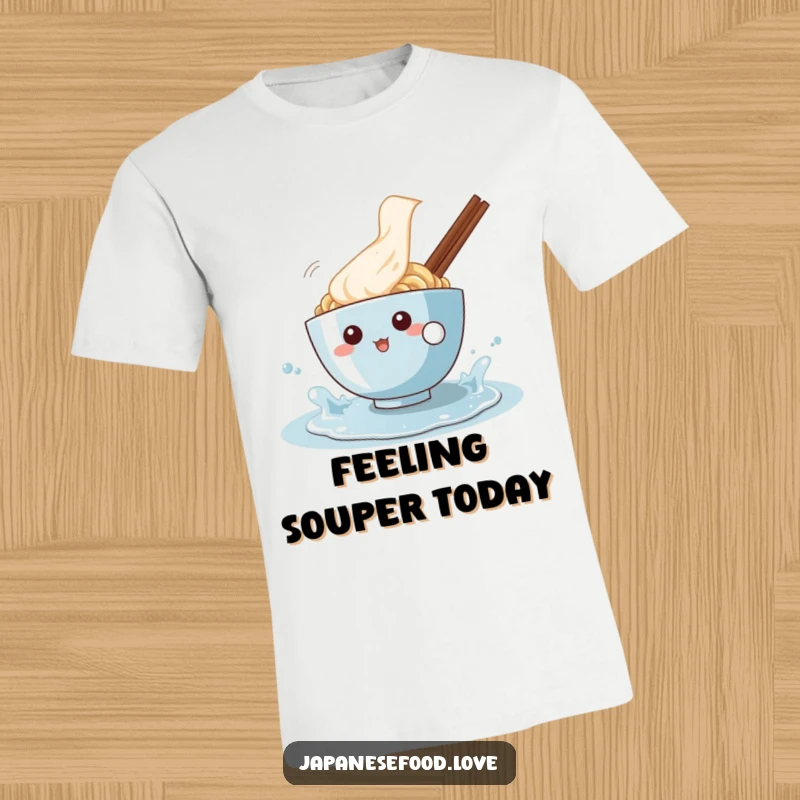 Funny T-Shirt showcasing a happy ramen bowl character energetically splashing in a puddle, radiating playful energy.