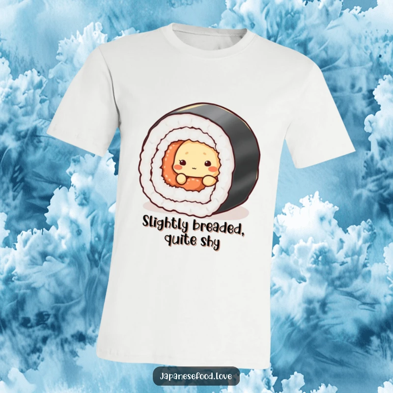 Funny t-shirt showing a shy tempura character hiding behind a huge sushi roll, ideal for introverted foodies.