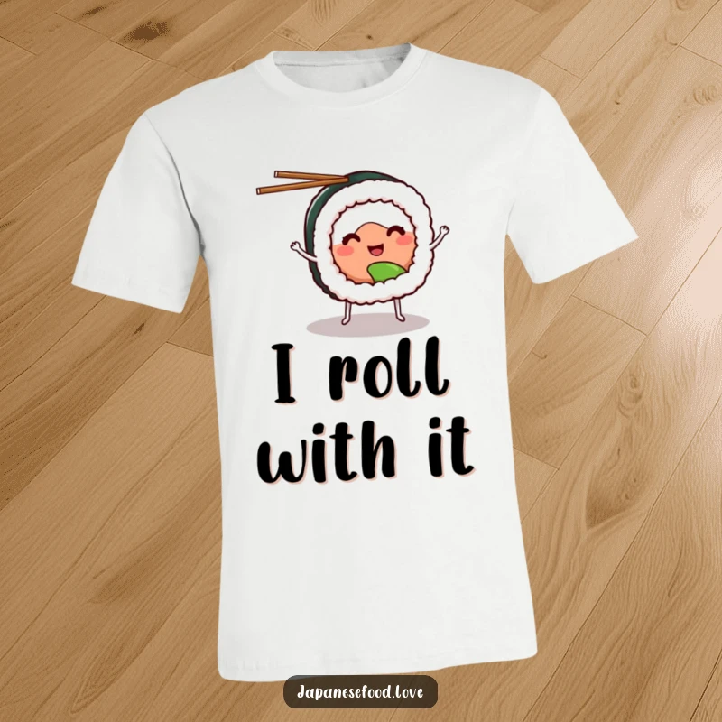 Funny sushi t-shirt showing a smiling sushi roll with tiny legs happily juggling chopsticks, full of playful energy.