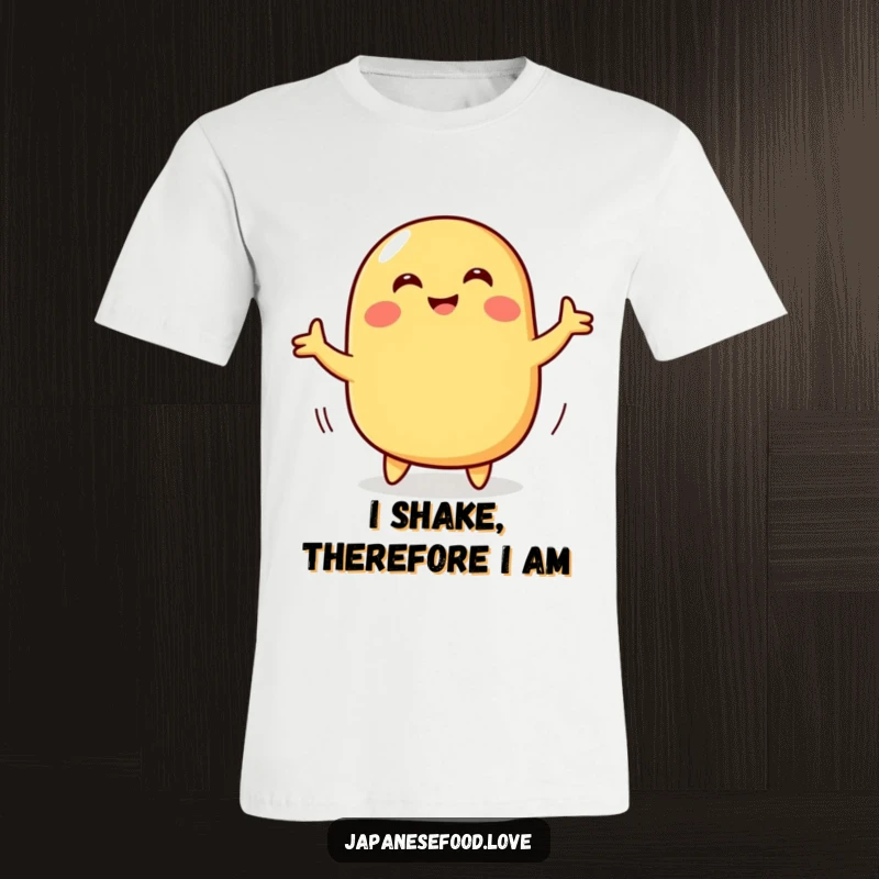 Funny t-shirt featuring a smiling tamagoyaki character attempting a wiggly dance, perfect for food lovers with a sense of humor.