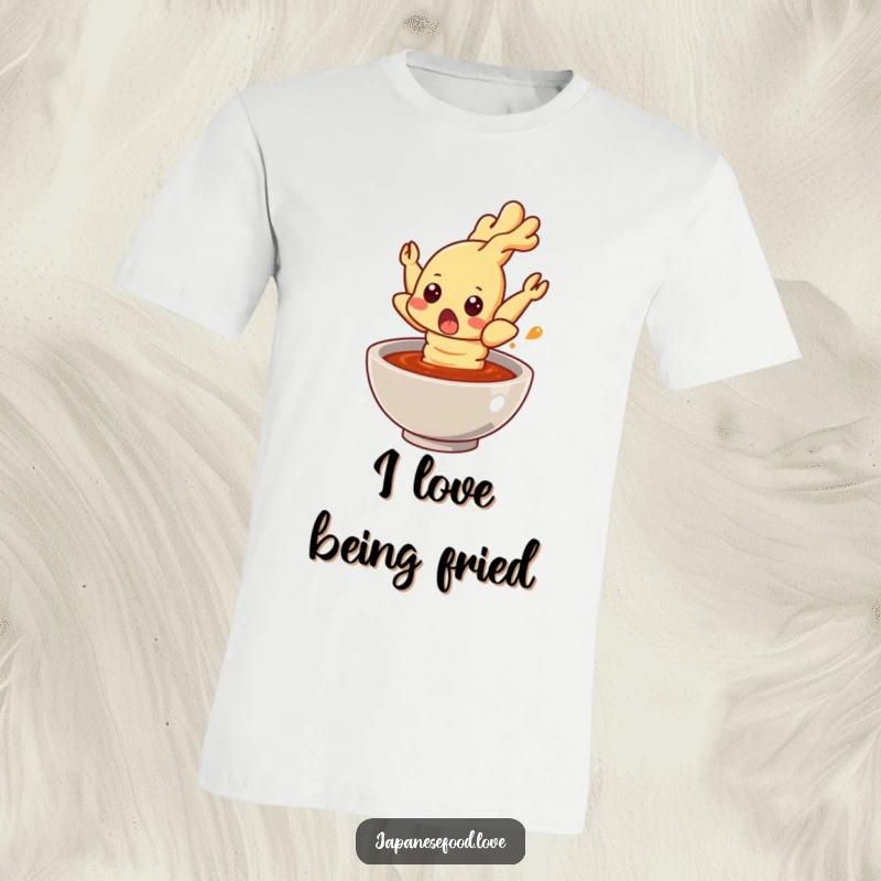 Funny tempura shrimp t-shirt, comically surprised and leaping from a sauce bowl, a hilarious foodie graphic for screen readers.