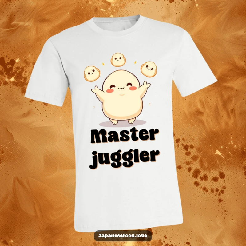 Funny T-shirt featuring a plump dumpling character expertly juggling three glowing dumplings with a cheerful, delighted expression.