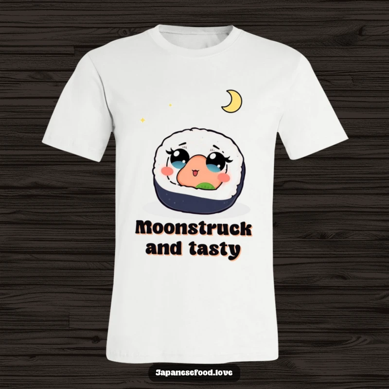 Funny t-shirt featuring a delightful sushi roll with wide, wondering eyes gazing upwards at a majestic full moon, a moment of culinary contemplation.