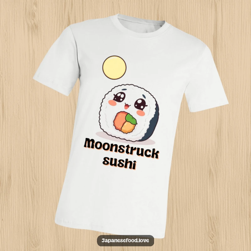 Funny T-Shirt showing a sushi roll with wide eyes looking up at the moon, perfect for foodies and stargazers.