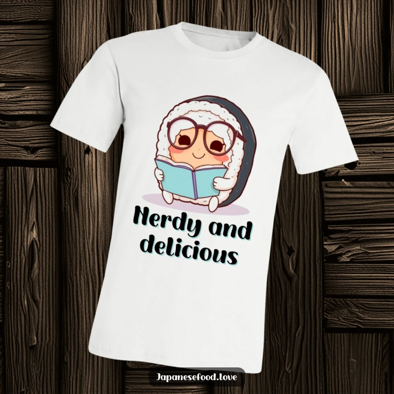 Funny Sushi T-Shirt: Smiling sushi roll with spectacles reading a book, a humorous and stylish tee for food lovers.