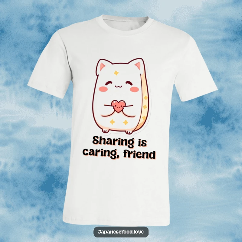Funny Taiyaki t-shirt featuring a smiling pastry character offering a small heart to a friend, expressing kindness and bonding.