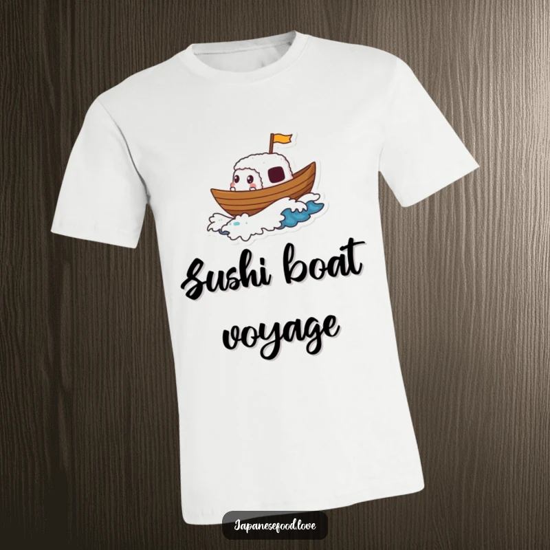 Funny t-shirt featuring a delighted sushi boat character sailing smoothly on a tiny, foamy wave, a charming sea adventure.