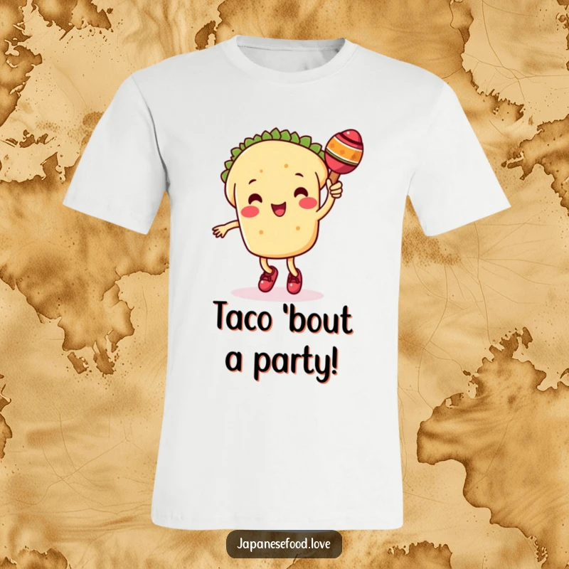 Funny taco t-shirt depicting a cute taco character with legs cheerfully dancing while holding a maraca, embodying festive spirit.