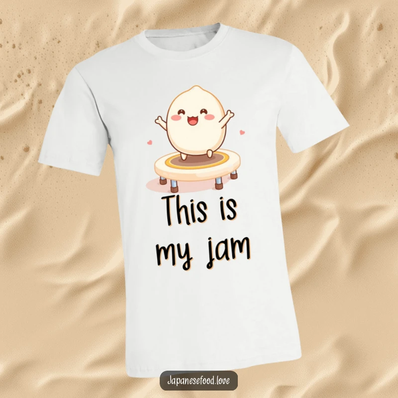 Funny Mochi Trampoline T-Shirt: A smiling mochi gleefully bounces on a trampoline constructed from mochi.