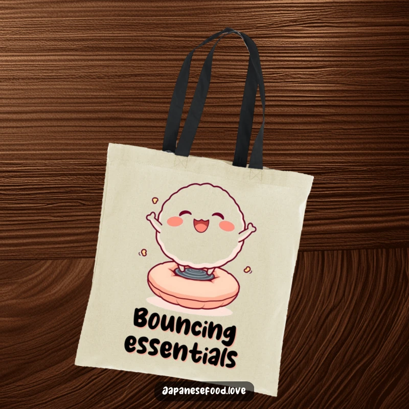 Funny tote bag with a smiling rice ball character bouncing joyfully on a springy cushion, embodying happiness and lightheartedness.