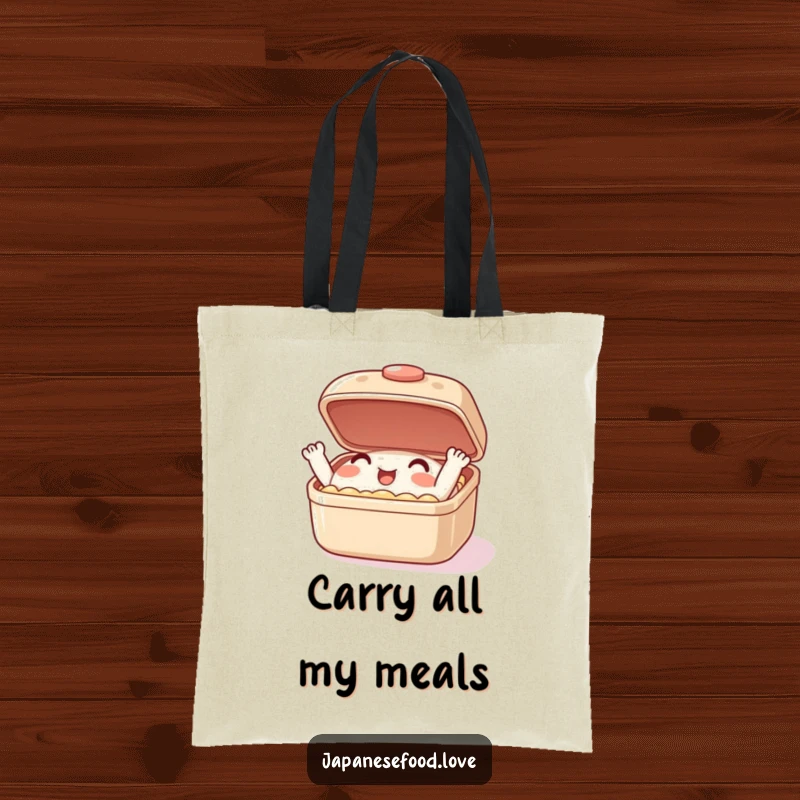 Funny tote bag showcasing an excited bento box character energetically opening and closing its lid while carrying essentials.